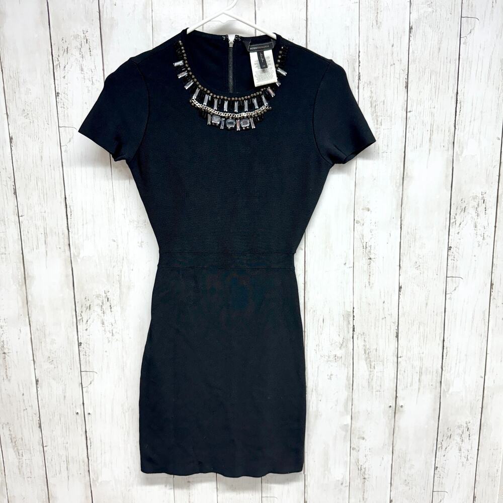 BCBGMAXAZRIA Dress Women Size Small Black Beaded Kaylen Beaded Bodycon Mini